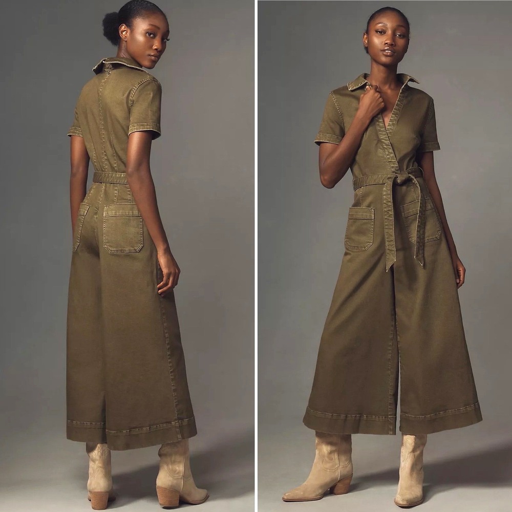 NWT Maeve Anthropologie Colette‎ Jumpsuit Denim Wide Leg Olive Green 2P $188